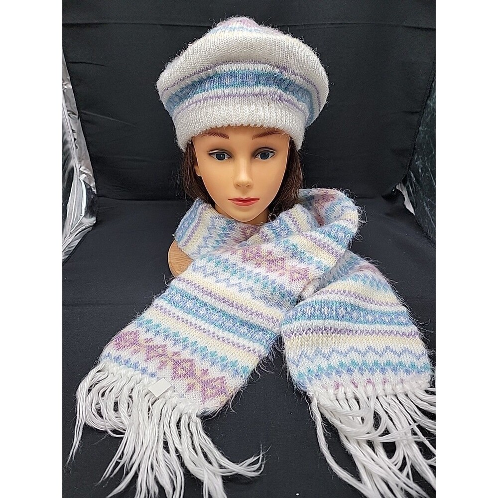 Vintage Aris Winter Knit Scarf And Hat Set Fair Isle Pattern
